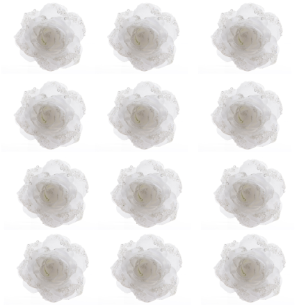 OFFERTA 12 ROSE APPENDIBILI CON CLIP E GLITTER 14X8,5CM BIANCO INVERNO