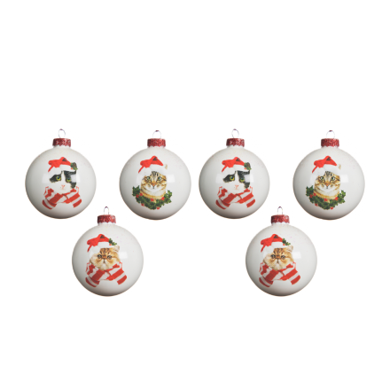 OFFERTA 6 PALLINE DI NATALE IN VETRO D.8CM GATTO BIANCO MODELLO ASSORTITO