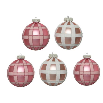 OFFERTA 5 PALLINE IN VETRO D.8 ROSA CHIARO/SCURO CON DECORAZIONI MODELLO ASSORTITO