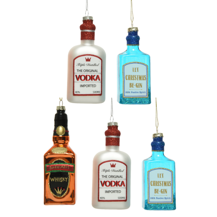 OFFERTA 5 DECORAZIONI BOTTIGLIA VODKA/GIN/WHISKEY DA APPENDERE H.11.8 MODELLO ASSORTITO