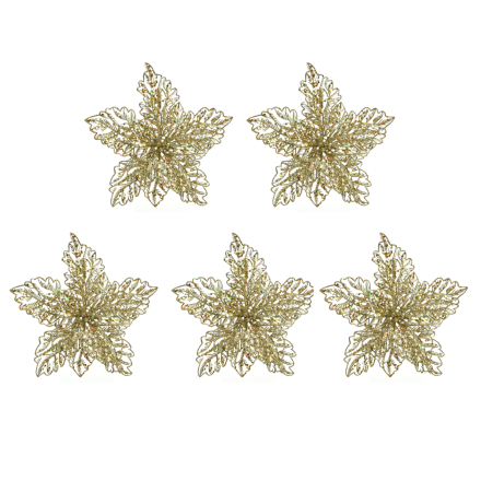 OFFERTA 5 POINSETTIE CON CLIP E GLITTER D.23,5X10CM ORO