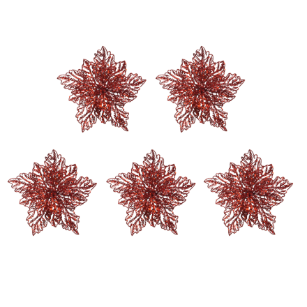 OFFERTA 5 POINSETTIE CON CLIP GLITTER D.23,5X10CM ROSSO