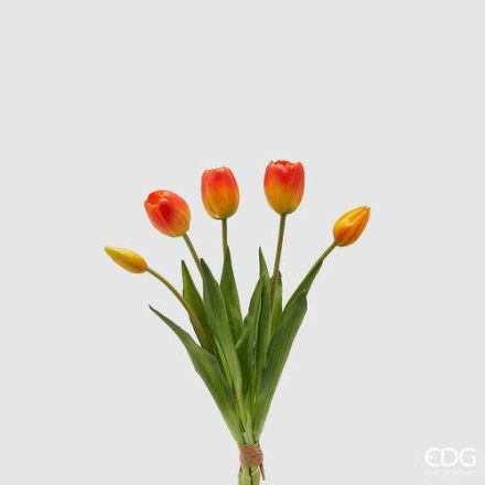 EDG Bouquet di 5 Tulipani Artificiali con foglie H.40 cm Rosso Aranciato