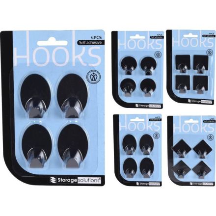 Set 4 ganci adesivi per pareti, forme assortite, nero