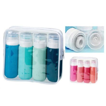 Set da viaggio con flaconi in silicone e pochette, 90 ml x 4, colori assortiti (5 pezzi)