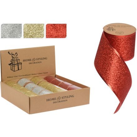 OFFERTA 3 NASTRI GLITTER ARGENTO/ORO/ROSSO PER PACCHI REGALO 6X270CM ASSORTITI