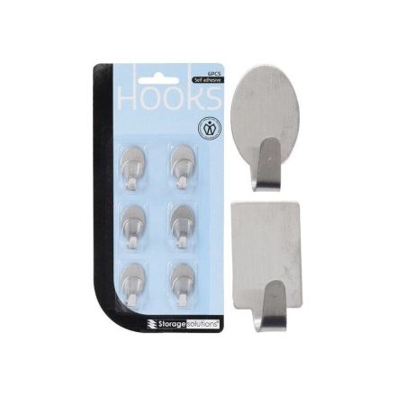 Set 6 ganci adesivi in acciaio inox, 2 forme, argento assortito