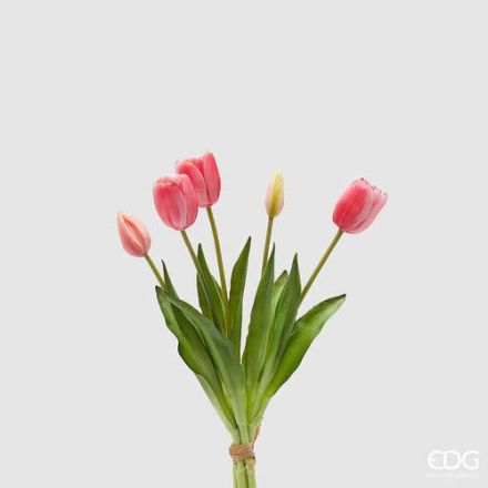 EDG Bouquet di 5 Tulipani Artificiali con foglie H.40 cm Rosa Scuro