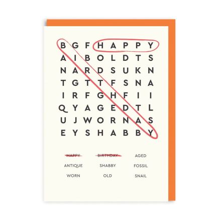 Ohh Deer Biglietto di auguri "Happy Birthday Word Search" A6, arancione/nero