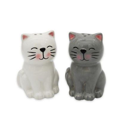 Set Sale e Pepe a Forma di Gatto in Ceramica 5 x 5 x 8 cm - Bianco/Grigio