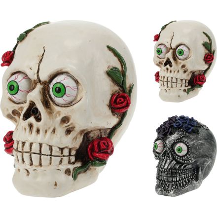 Teschio decorativo con fiori, luci e suoni, altezza 13 cm, modello assortito (nero, bianco)