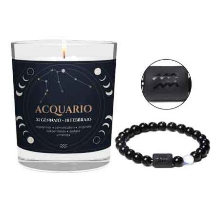 CANDELA CON SEGNO ZODIACALE ACQUARIO CON BRACCIALE NERO ASTRO ACQUARIO