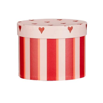 Scatola tonda righe e cuori, D18x13 cm, rosso