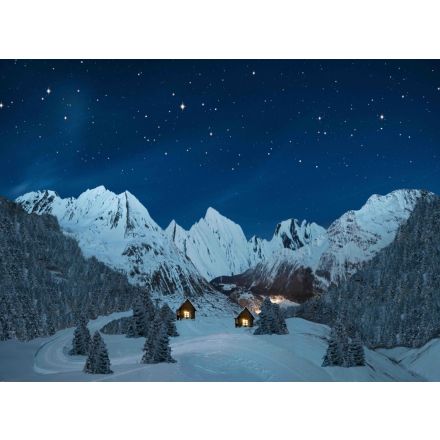 SFONDO POSTER PAESAGGIO DI MONTAGNA ILLUMINATO DI NOTTE CON FIBRE OTTICHE 76X56CM