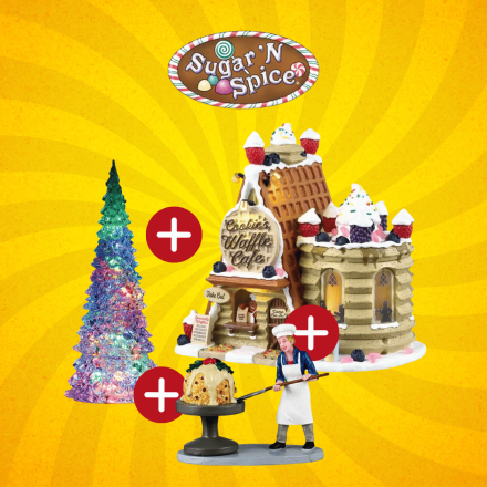 OFFERTA LEMAX SUGAR N SPICE - COOKIE'S WAFFLE CAFÉ + CRYSTAL LIGHTED TREE + BIGGEST CHRISTMAS PUDDING