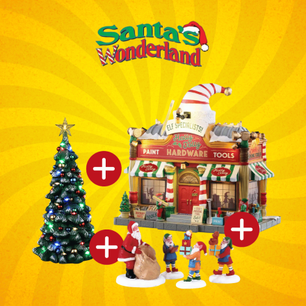 OFFERTA LEMAX SANTA'S WONDERLAND - HOLLY JOLLY HARDWARE + SNOWY CHRISTMAS TREE + PRESENT PROCESSION