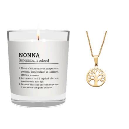 CANDELA CON SCRITTA NONNA INCLUSA COLLANA ALBERO DELLA VITA