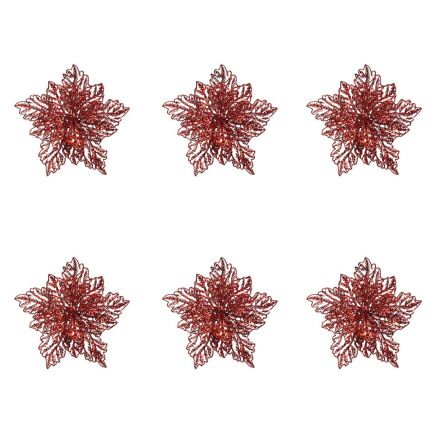 OFFERTA 6 POINSETTIA APPENDIBILE CON CLIPS 23.5 X 10 CM CON GLITTER ROSSO