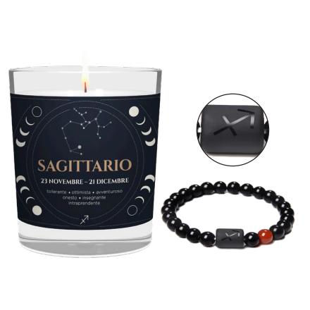 CANDELA CON SEGNO ZODIACALE SAGITTARIO CON BRACCIALE NERO ASTRO SAGITTARIO