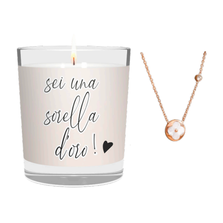 CANDELA CON SCRITTA SEI UNA SORELLA D'ORA INCLUSA COLLANA TREFOIL