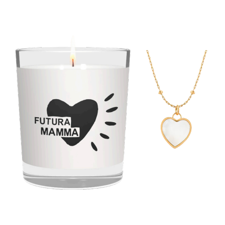 CANDELA CON SCRITTA FUTURA MAMMA INCLUSA COLLANA CUORE