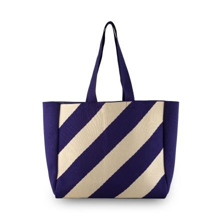 Borsa tote lavorata a maglia righe oblique 36x32 cm blu e panna