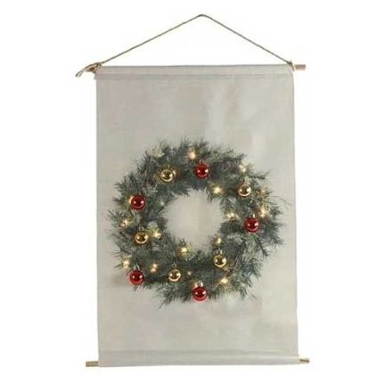 TISSU MURAL DÉCORATIF COURONNE DE NOËL LED BLANC CHAUD H60CM