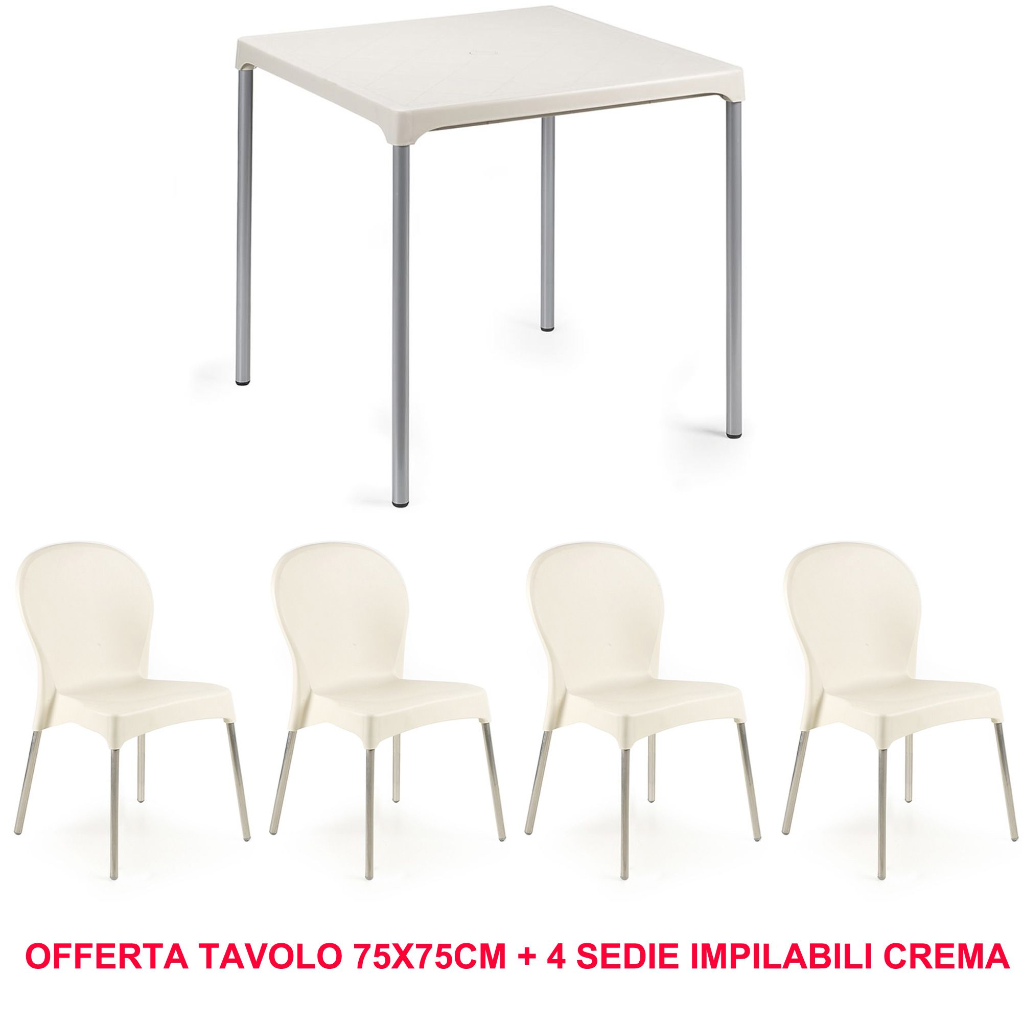 Offerta Tavolo Bar 75x75cm + 4 Sedie Impilabili Color Crema